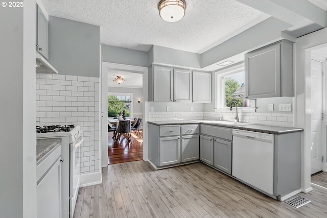 1902 N Terry St, Portland, OR 97217 - kitchen featuring white appliances, gray cabinetry, a sink, light wood-style flooring, and a textured ceiling