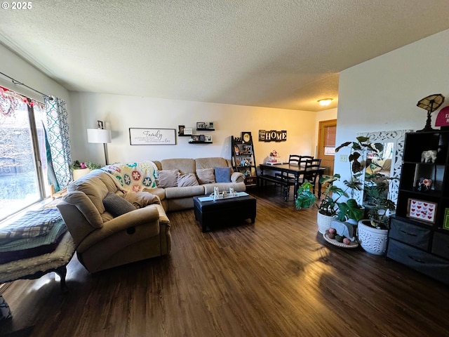 living area with a textured ceiling and wood finished floors