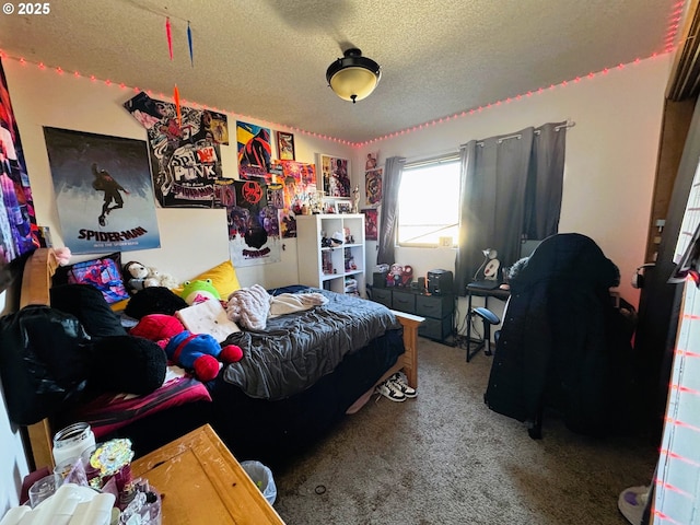 carpeted bedroom with a textured ceiling