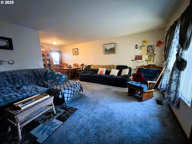 carpeted living room featuring a textured ceiling