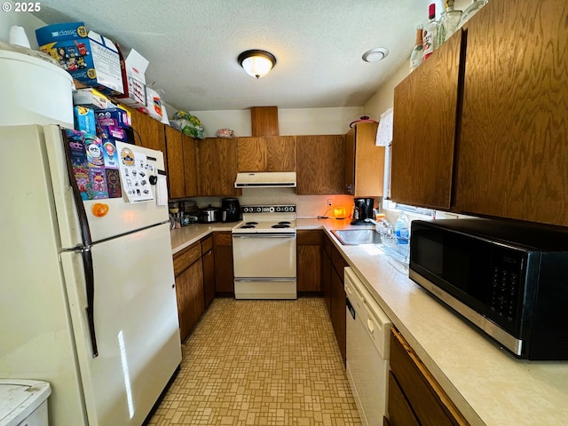 kitchen with under cabinet range hood, white appliances, a sink, light countertops, and brown cabinetry