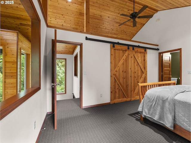 24982 E Tillicum St, Welches, OR 97067 - bedroom featuring wooden ceiling, carpet, high vaulted ceiling, baseboards, and a barn door