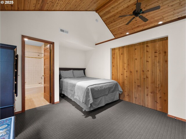24982 E Tillicum St, Welches, OR 97067 - carpeted bedroom featuring wood ceiling, recessed lighting, and high vaulted ceiling
