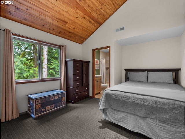 24982 E Tillicum St, Welches, OR 97067 - bedroom with dark carpet, wooden ceiling, ensuite bathroom, and high vaulted ceiling