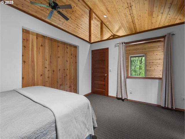 24982 E Tillicum St, Welches, OR 97067 - bedroom featuring lofted ceiling, wooden ceiling, carpet floors, ceiling fan, and baseboards