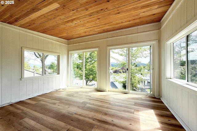 unfurnished sunroom featuring wood ceiling, hardwood / wood-style flooring, and wood walls