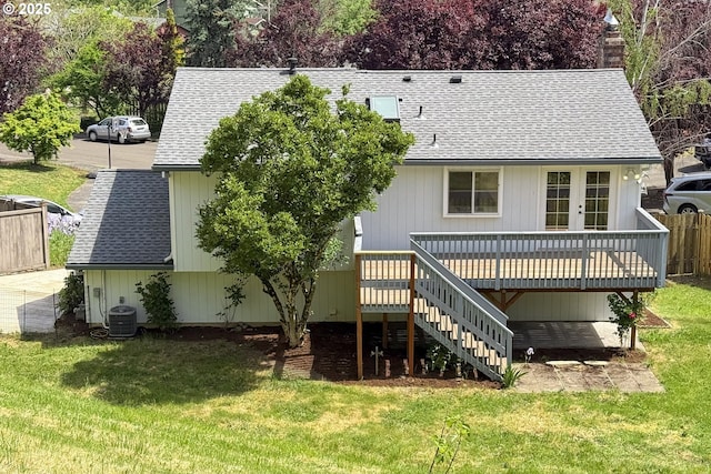 back of house featuring roof with shingles, a wooden deck, stairway, and central air condition unit