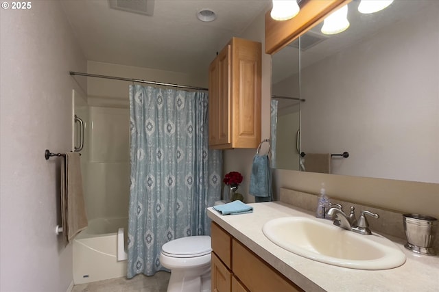 bathroom featuring toilet, vanity, visible vents, and shower / bathtub combination with curtain