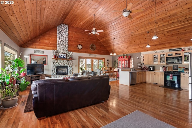 18122 Hulden Ln, Arlington, OR 97812 - living area with ceiling fan, a fireplace, high vaulted ceiling, wood finished floors, and wood ceiling