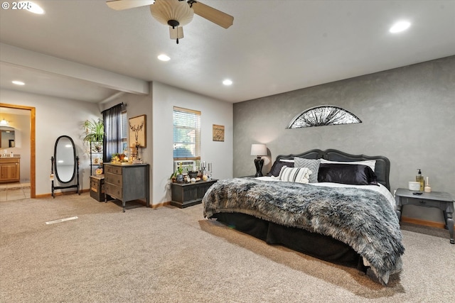 18122 Hulden Ln, Arlington, OR 97812 - bedroom featuring recessed lighting, light colored carpet, ensuite bathroom, and ceiling fan