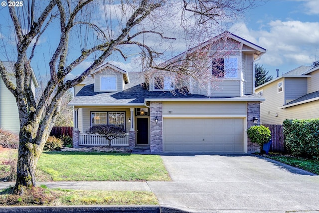 view of front facade featuring concrete driveway, brick siding, a front yard, and fence