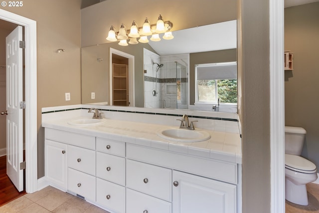 full bathroom featuring toilet, a shower stall, double vanity, and a sink