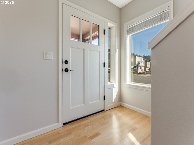 entrance foyer with baseboards and wood finished floors