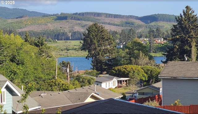 bird's eye view featuring a water and mountain view