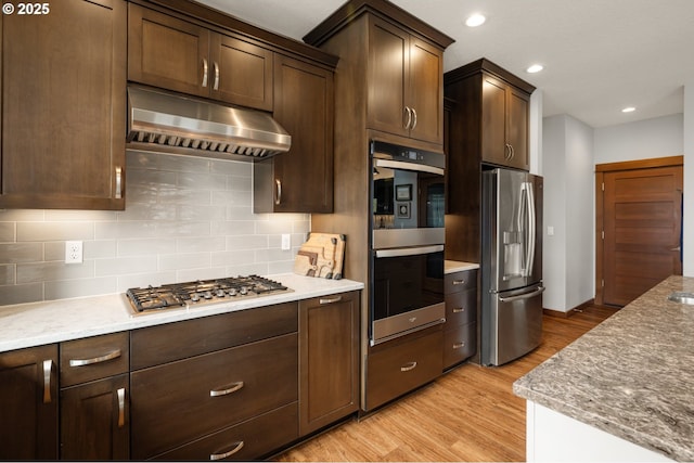 8866 Ocean Crest Ln, Manzanita, OR 97130 - kitchen featuring appliances with stainless steel finishes, under cabinet range hood, light wood-style flooring, decorative backsplash, and recessed lighting
