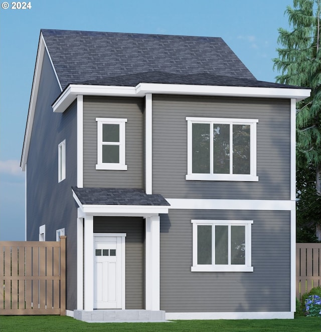 view of front of property featuring roof with shingles and fence