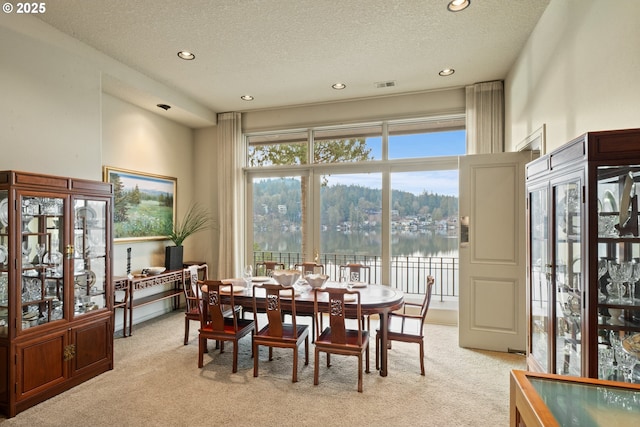 carpeted dining room with a textured ceiling and a water view