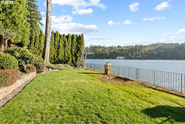 view of yard with a water view