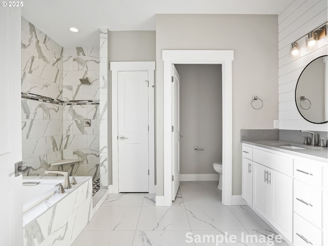 full bathroom with toilet, a garden tub, tiled shower, marble finish floor, and vanity