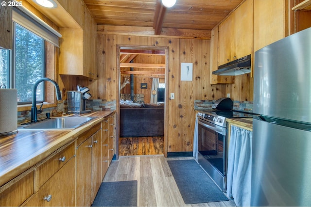 56095 Black Duck Rd, Bend, OR 97707 - kitchen with appliances with stainless steel finishes, a sink, wooden ceiling with exposed beams, wood walls, and plenty of natural light