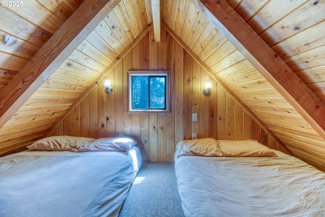 56095 Black Duck Rd, Bend, OR 97707 - bedroom with wooden ceiling, vaulted ceiling, carpet, and wooden walls