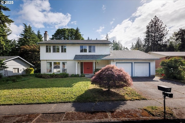 7450 SW Wilson Ave, Beaverton, OR 97008 - traditional-style home featuring a garage, a chimney, driveway, a front lawn, and brick siding