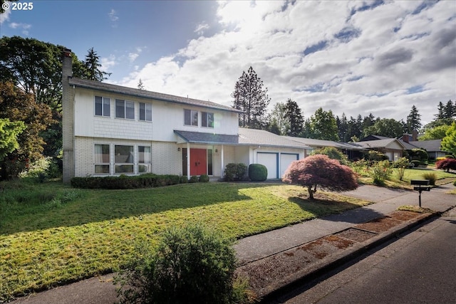 7450 SW Wilson Ave, Beaverton, OR 97008 - traditional-style home featuring an attached garage, a front lawn, a chimney, brick siding, and driveway