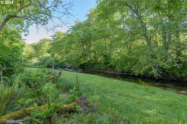 view of yard featuring a water view and a wooded view