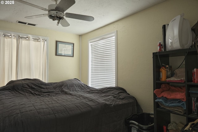 bedroom with visible vents and ceiling fan