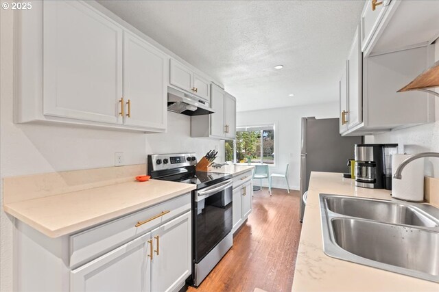 kitchen featuring electric range, a sink, light wood-style floors, light countertops, and under cabinet range hood