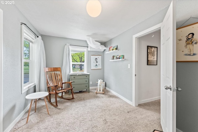 sitting room with baseboards, plenty of natural light, and carpet
