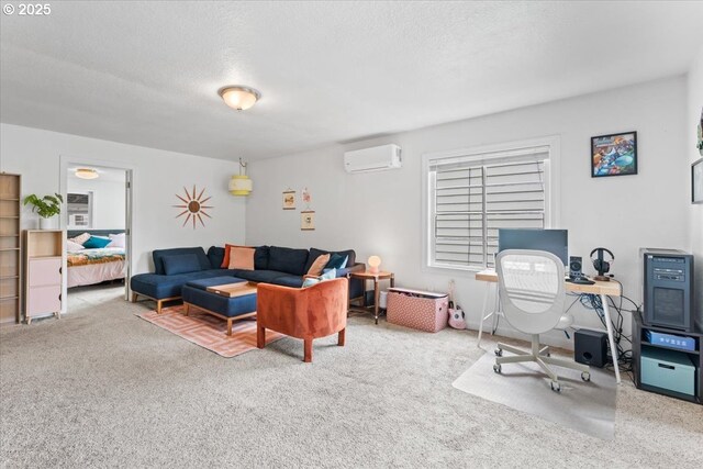 carpeted living room with a wall unit AC and a textured ceiling