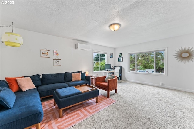 carpeted living area with baseboards, an AC wall unit, and a textured ceiling