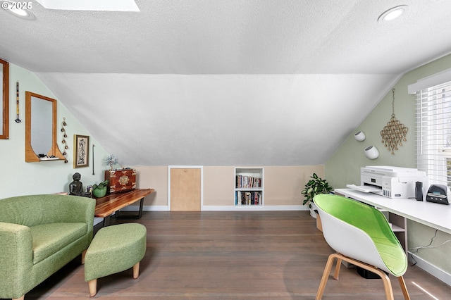 1090 Maple Dr, Eugene, OR 97404 - office featuring baseboards, lofted ceiling, wood finished floors, a textured ceiling, and recessed lighting