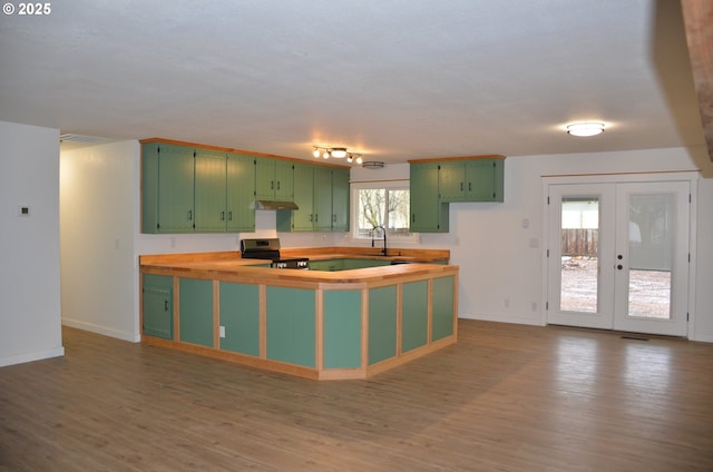 kitchen featuring hardwood / wood-style floors, stainless steel electric range oven, green cabinets, french doors, and sink