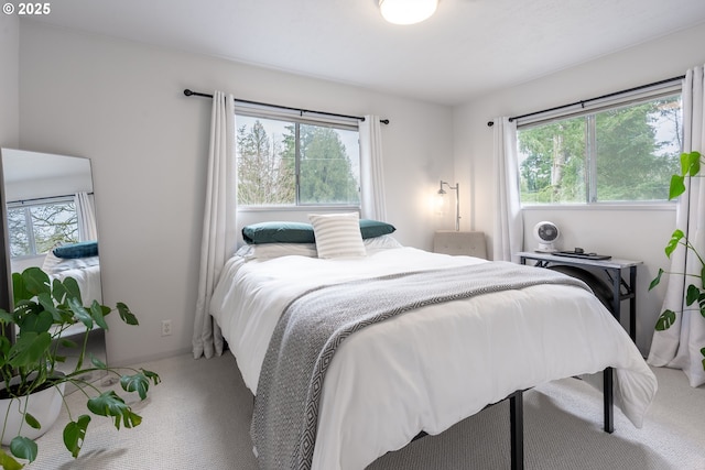 bedroom featuring baseboards, multiple windows, and carpet