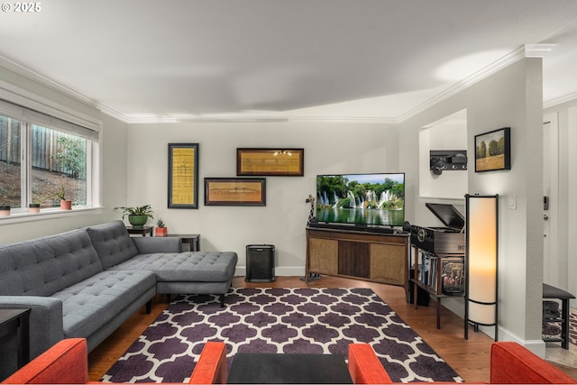 living room featuring wood-type flooring and ornamental molding