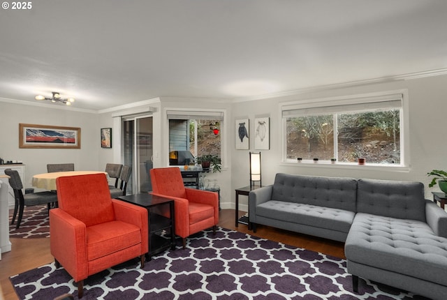 living room with ornamental molding and dark hardwood / wood-style floors