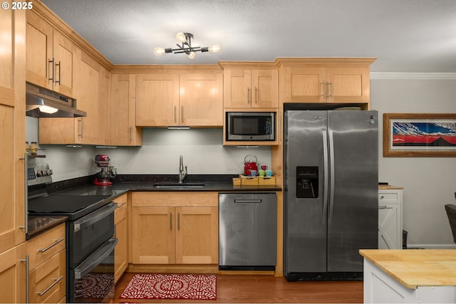 kitchen with sink, crown molding, hardwood / wood-style flooring, wooden counters, and stainless steel appliances