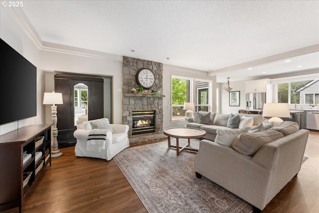 living room with wood finished floors, a fireplace, and recessed lighting