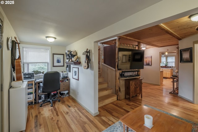 23830 Old Peak Rd, Philomath, OR 97370 - office space with light wood finished floors, healthy amount of natural light, beam ceiling, baseboards, and wooden ceiling