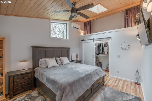 23830 Old Peak Rd, Philomath, OR 97370 - bedroom with wooden ceiling, a wall mounted AC, a skylight, light wood finished floors, and a spacious closet