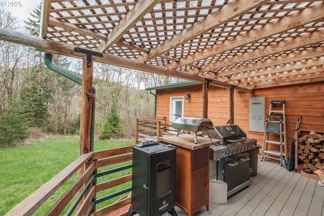 23830 Old Peak Rd, Philomath, OR 97370 - wooden terrace featuring a pergola, a yard, and area for grilling