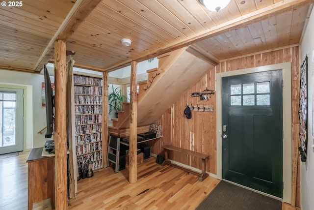 23830 Old Peak Rd, Philomath, OR 97370 - mudroom featuring wood finished floors, wooden walls, lofted ceiling, plenty of natural light, and wooden ceiling