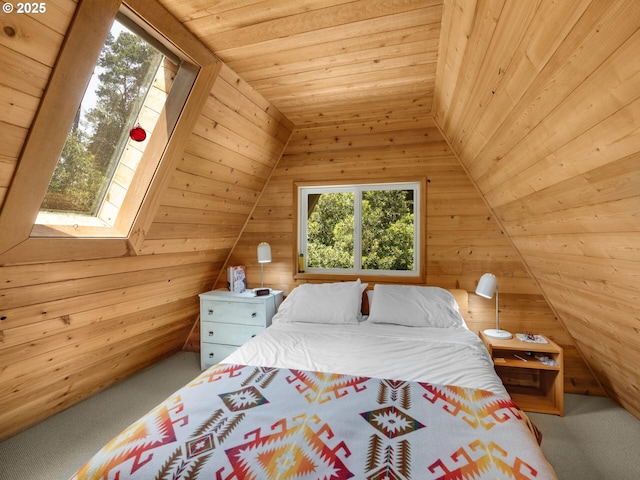485 N Ave, Manzanita, OR 97130 - bedroom with wood walls, wood ceiling, vaulted ceiling, and carpet