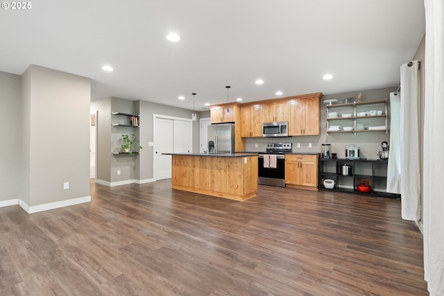 4607 SE 88th Ave, Portland, OR 97266 - kitchen featuring stainless steel appliances, open shelves, recessed lighting, dark countertops, and dark wood finished floors