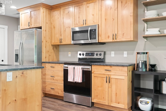 4607 SE 88th Ave, Portland, OR 97266 - kitchen with appliances with stainless steel finishes, light brown cabinets, wood finished floors, and open shelves