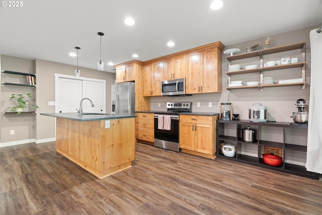 4607 SE 88th Ave, Portland, OR 97266 - kitchen with appliances with stainless steel finishes, open shelves, a sink, dark wood-style flooring, and light brown cabinetry