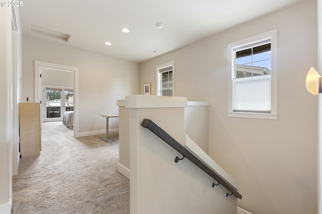 16033 SW 2nd St, Sherwood, OR 97140 - hall featuring an upstairs landing, attic access, light colored carpet, baseboards, and recessed lighting