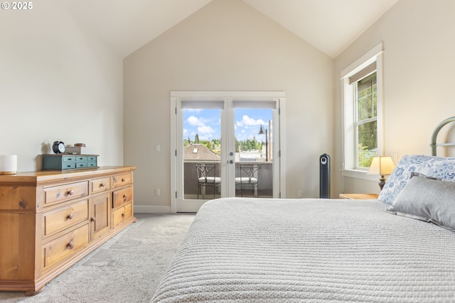 16033 SW 2nd St, Sherwood, OR 97140 - bedroom featuring access to exterior, light carpet, french doors, vaulted ceiling, and baseboards